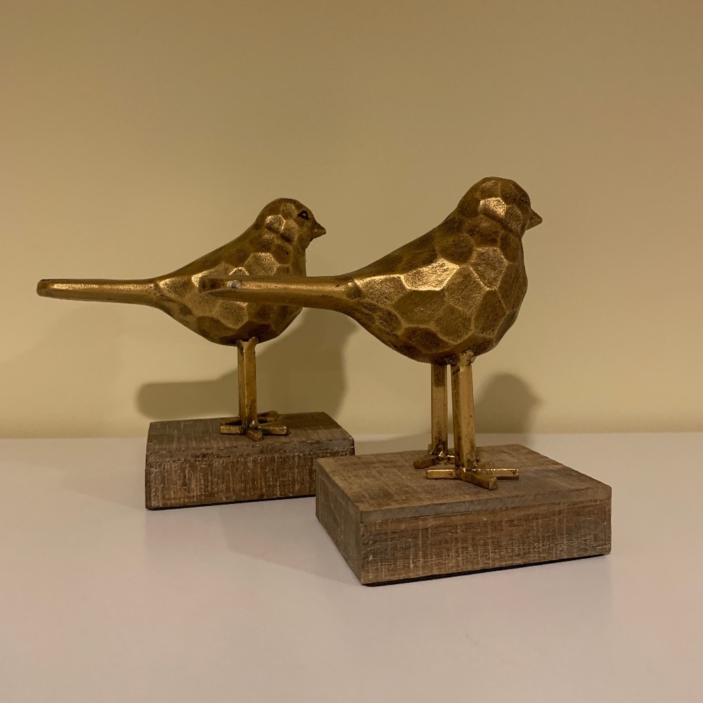 Gold Decorative Bird Statues on Wood Bases - Set of 2